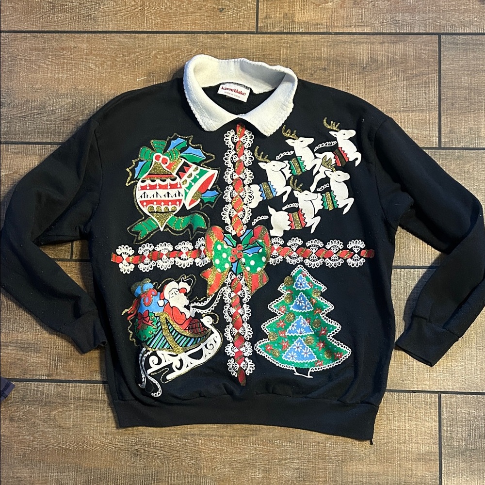 Karen Blake Christmas Sweater Vintage Black Sweater With Festive Designs Sz M